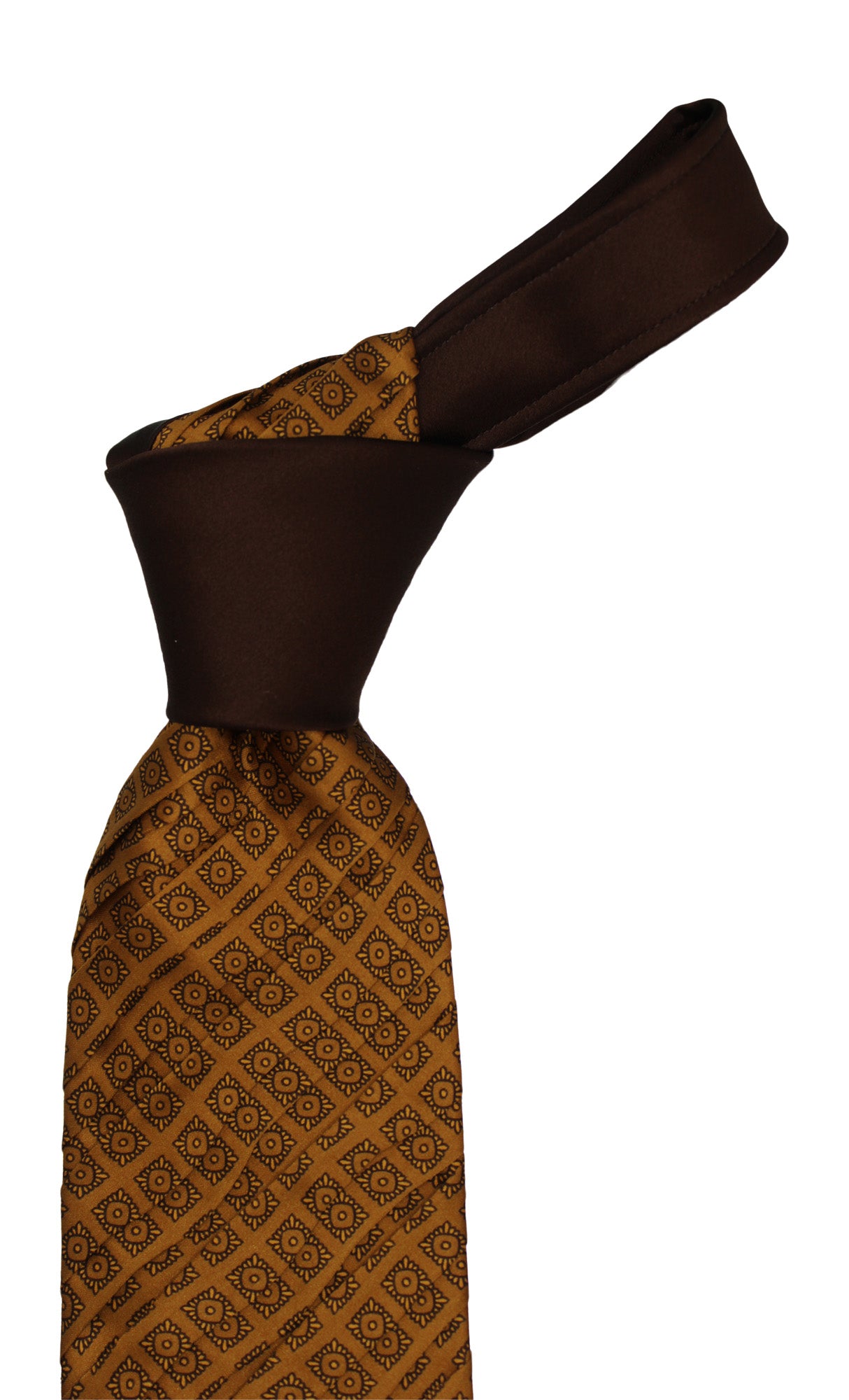Italo Ferretti Satin Brown Gold Two Toned Medallion Pleated Tie