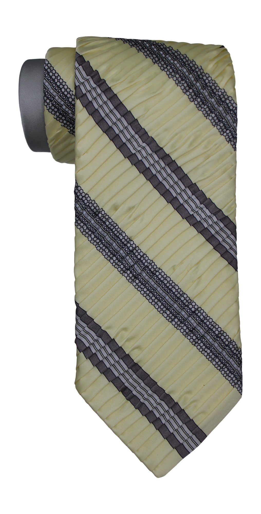 Italo Ferretti Satin Yellow Gray Striped Two Toned Pleated Tie