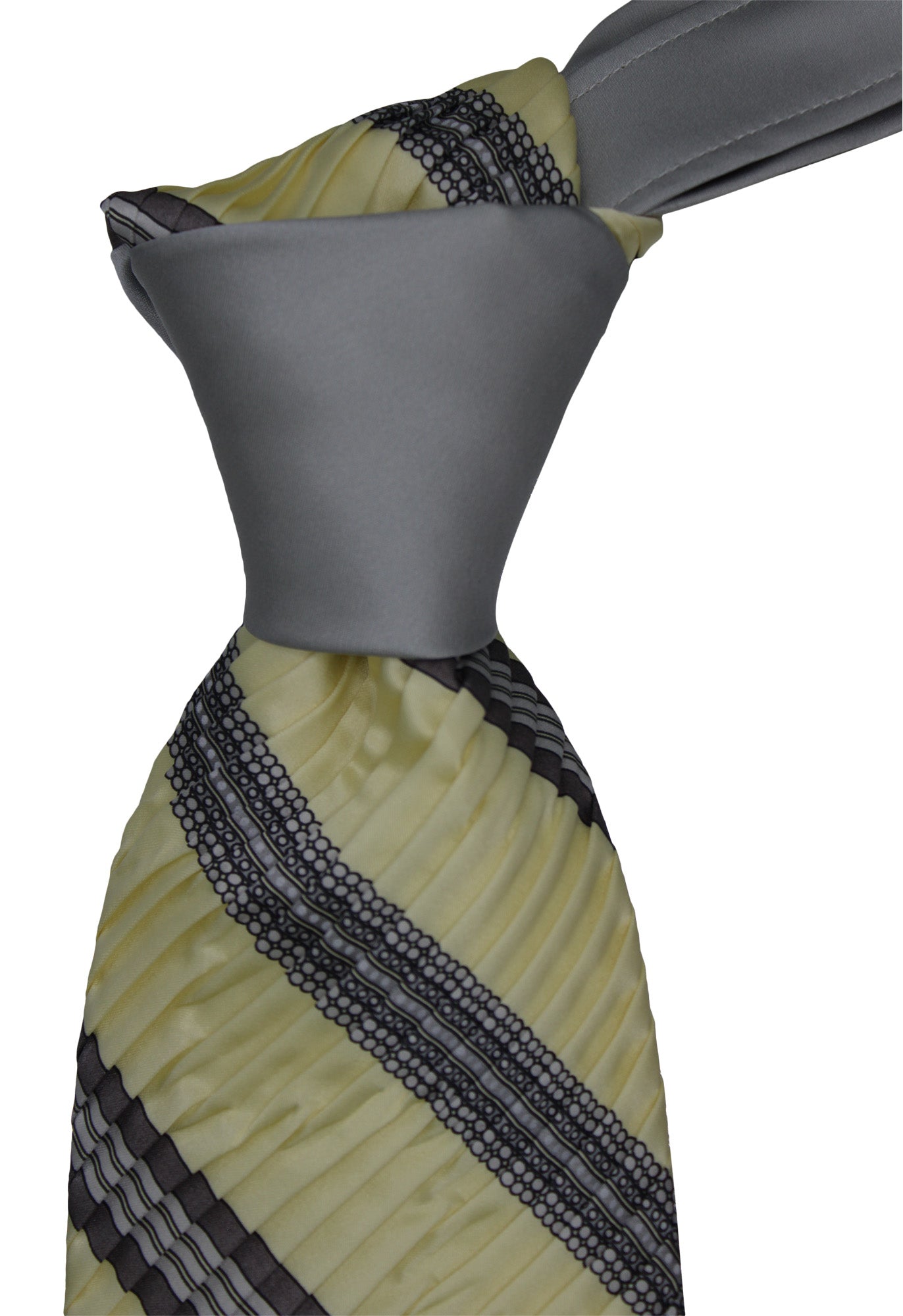 Italo Ferretti Satin Yellow Gray Striped Two Toned Pleated Tie