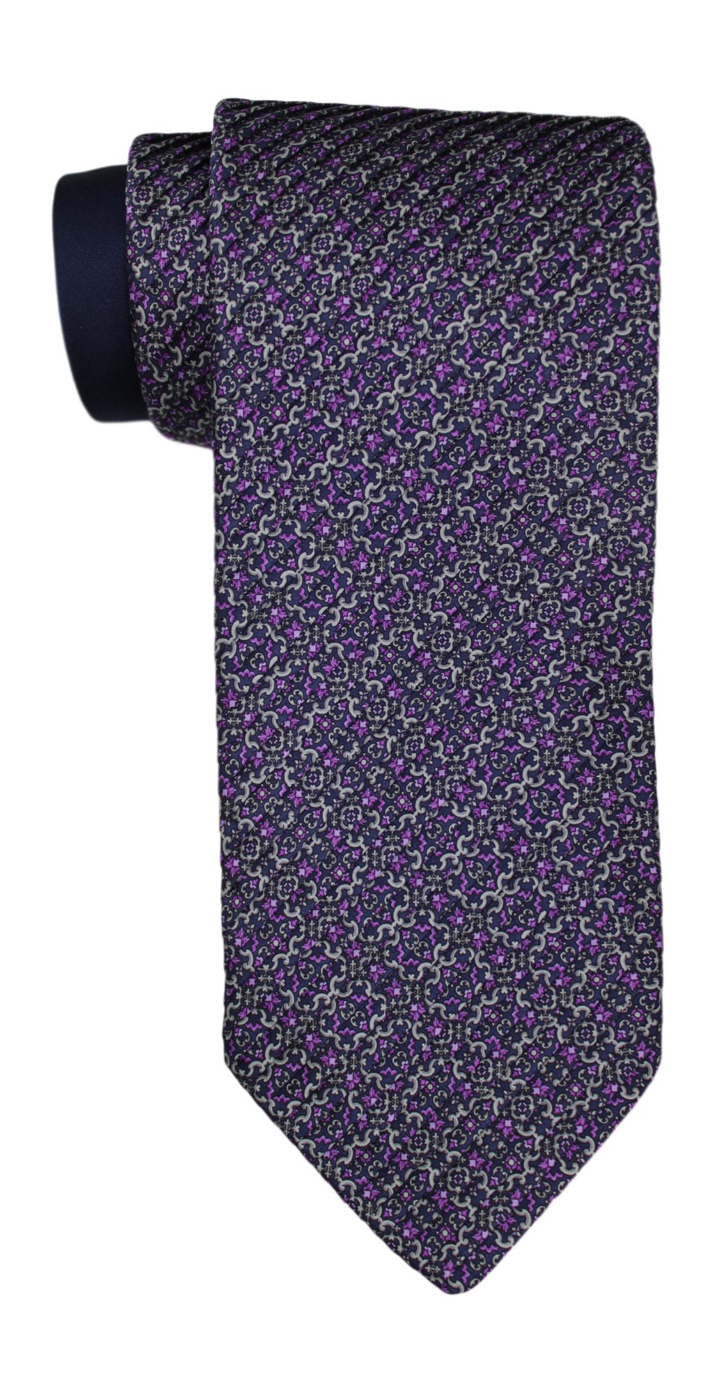 Italo Ferretti Satin Navy Purple Two Toned Geometric Pleated Tie