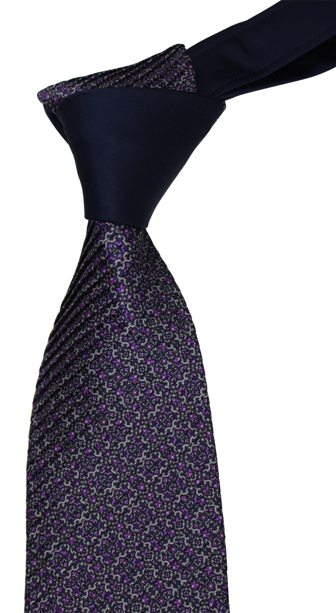 Italo Ferretti Satin Navy Purple Two Toned Geometric Pleated Tie