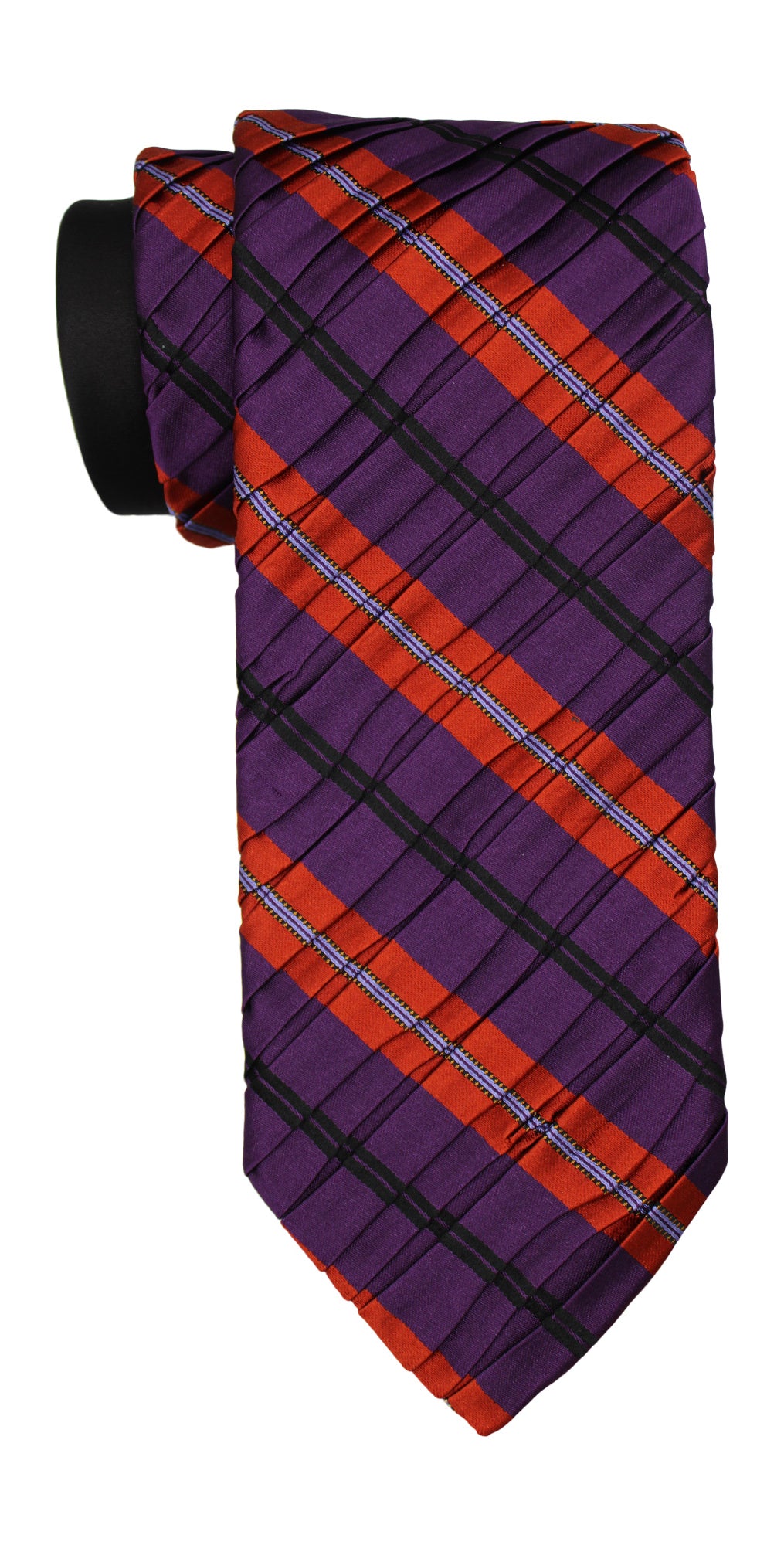 Italo Ferretti Satin Black Purple Two Toned Striped Pleated Tie