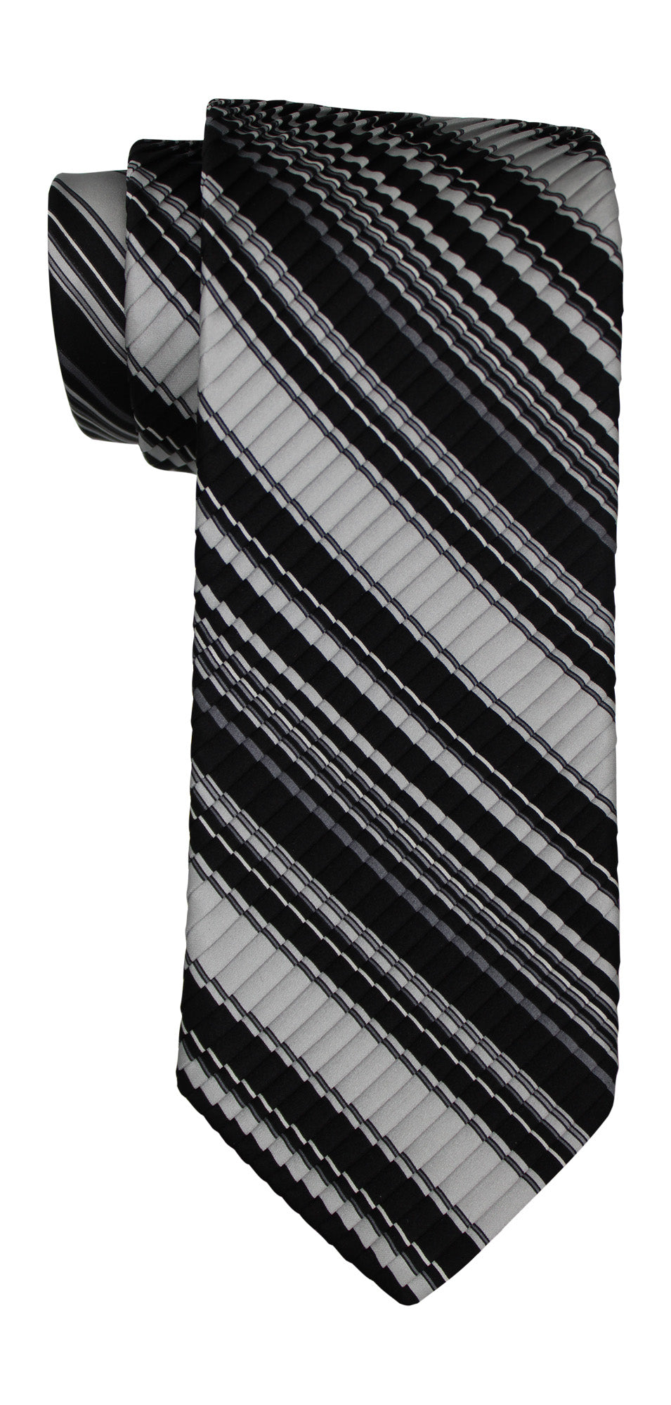 Italo Ferretti Satin Black Gray Striped Pleated Tie