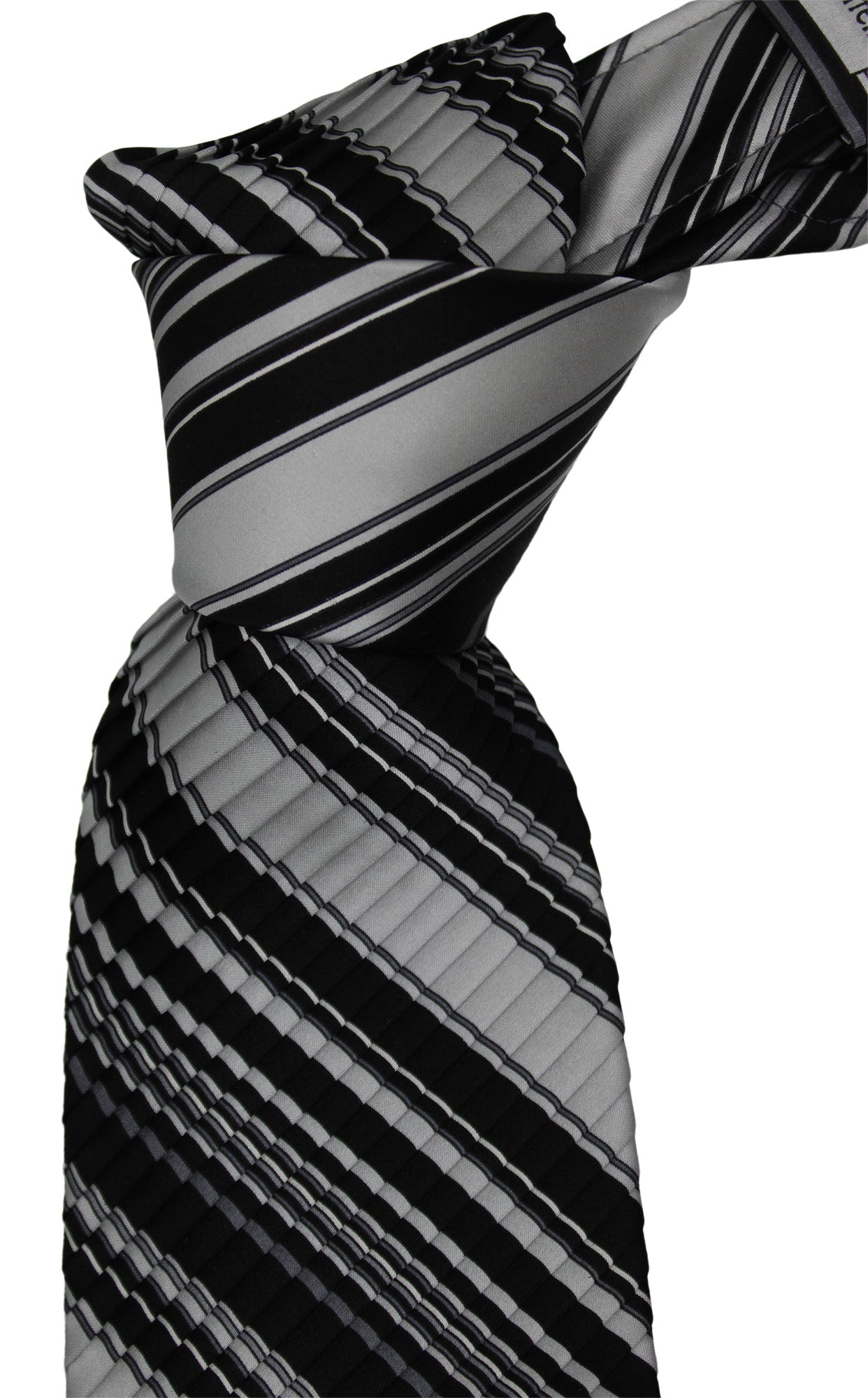 Italo Ferretti Satin Black Gray Striped Pleated Tie
