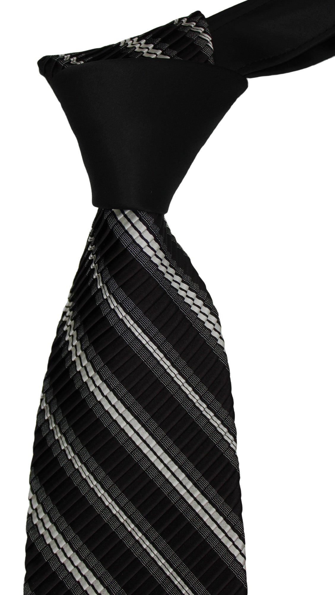 Italo Ferretti Satin Black Two Toned Striped  Pleated Tie