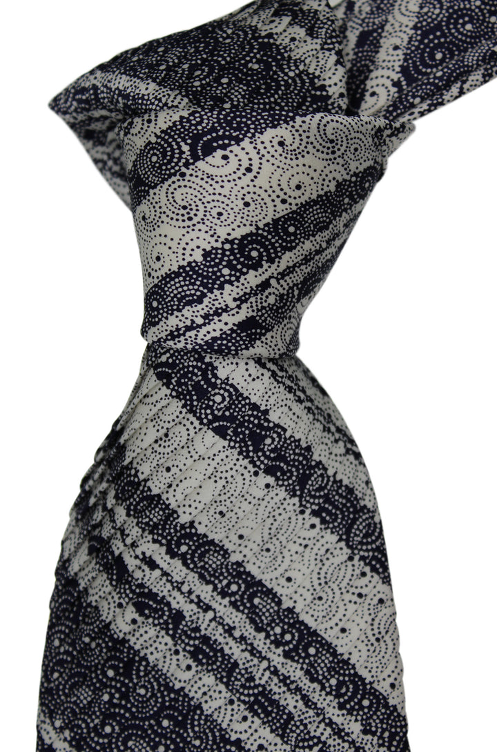 Italo Ferretti Satin White Black Paisley Striped Pleated Tie