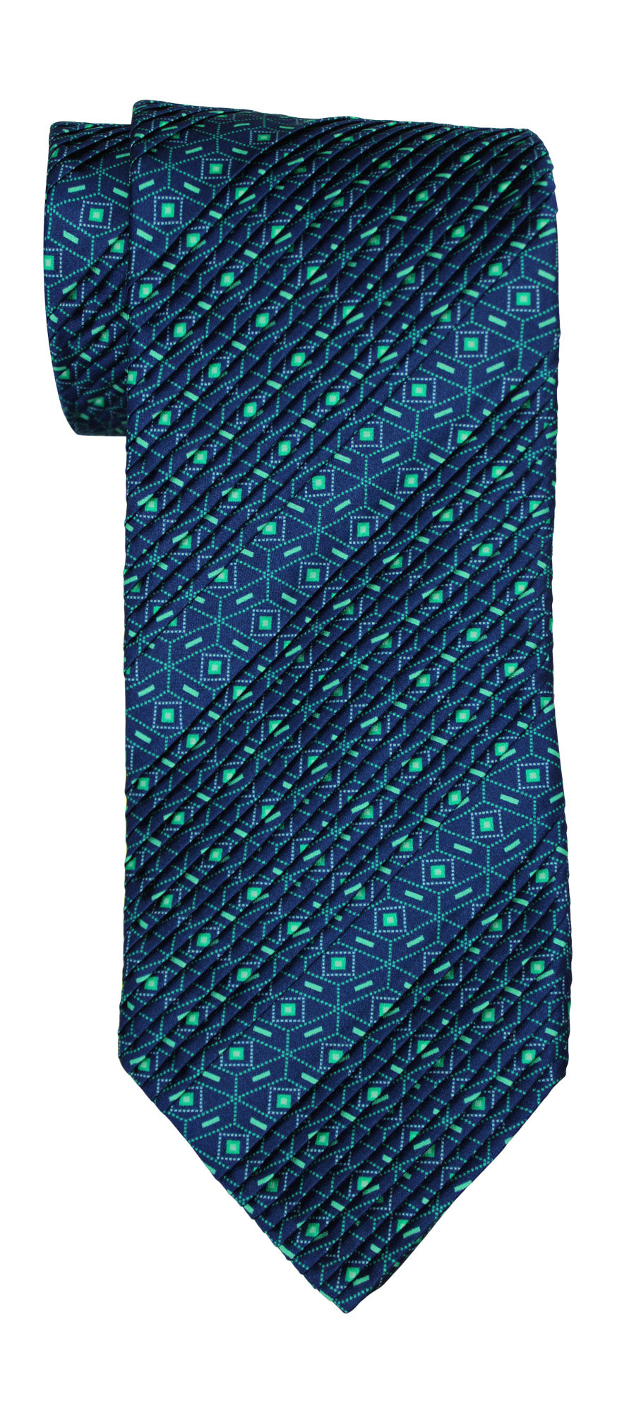 Italo Ferretti Satin Green Blue Geometric Two Toned Pleated Tie