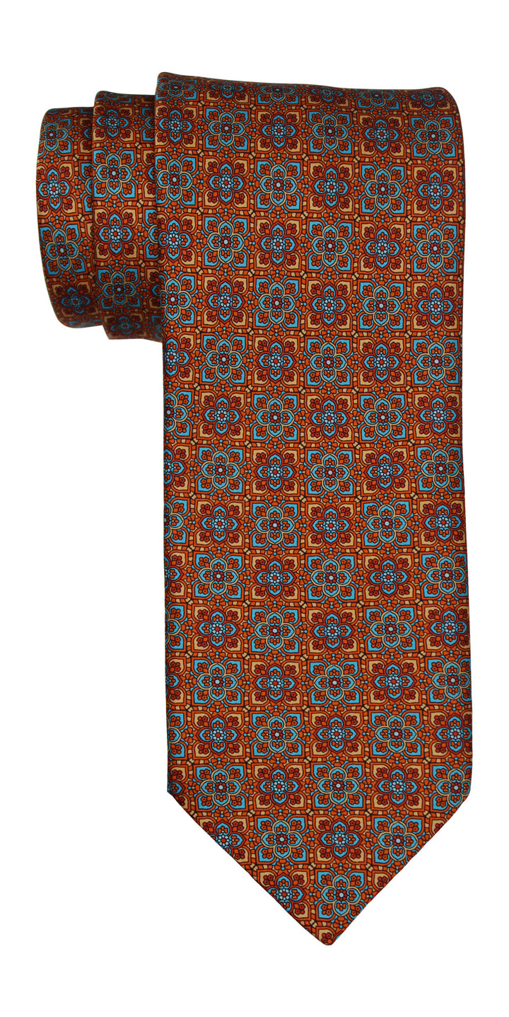 Italo Ferretti Satin Orange Blue Tapestry Geometric Tie