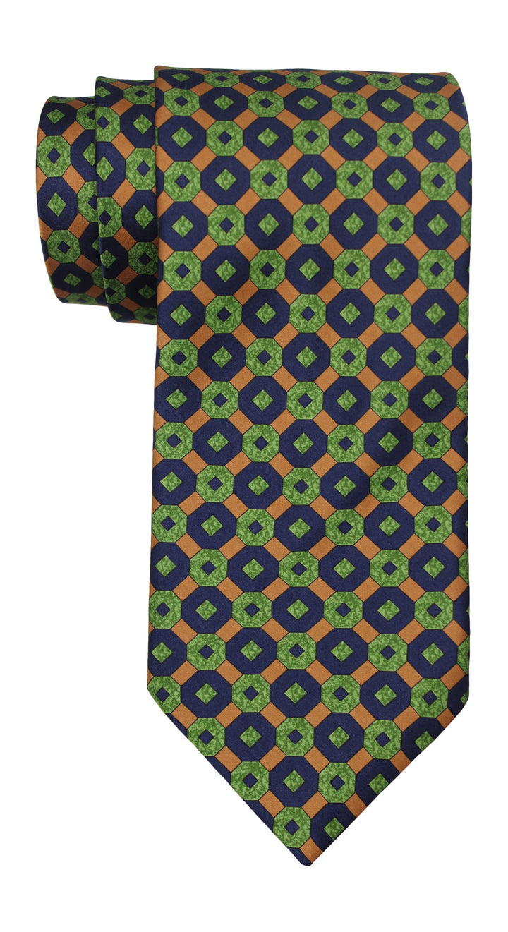Italo Ferretti Satin Green Navy Beige Geometric Tie