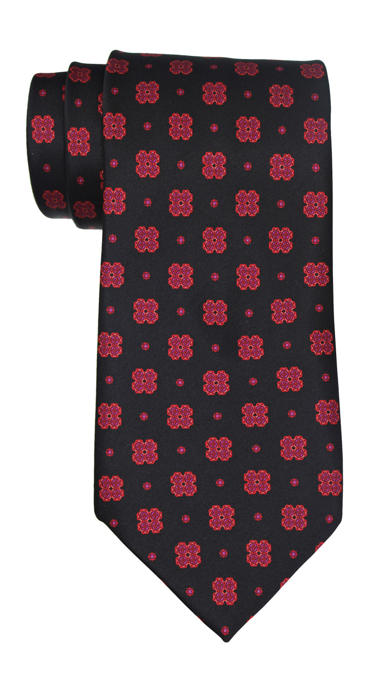Stefano Ricci Satin Black Red Medallion Tie