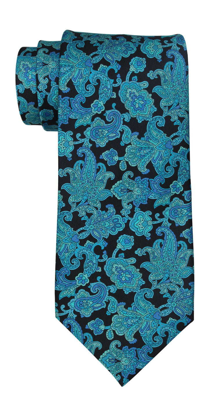 Stefano Ricci Luxury Collection Satin Aqua on Black Paisley Tie