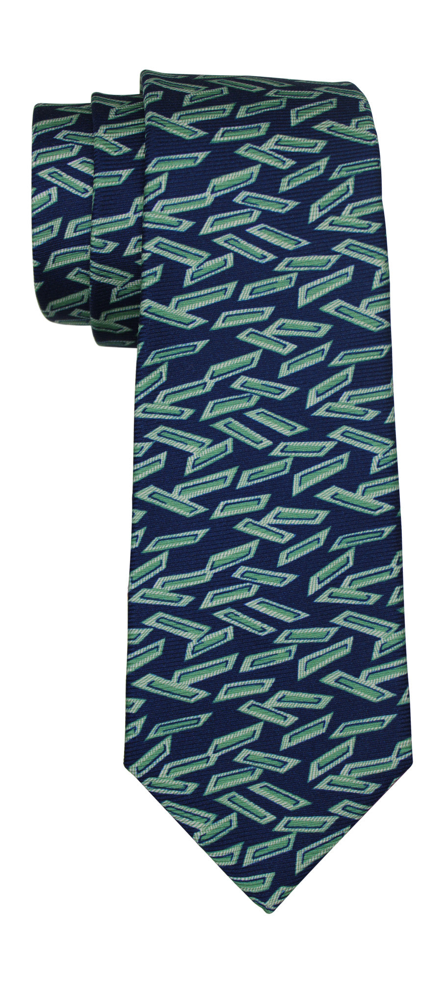 Kiton Navy Green Geometric Printed 7 Fold Tie