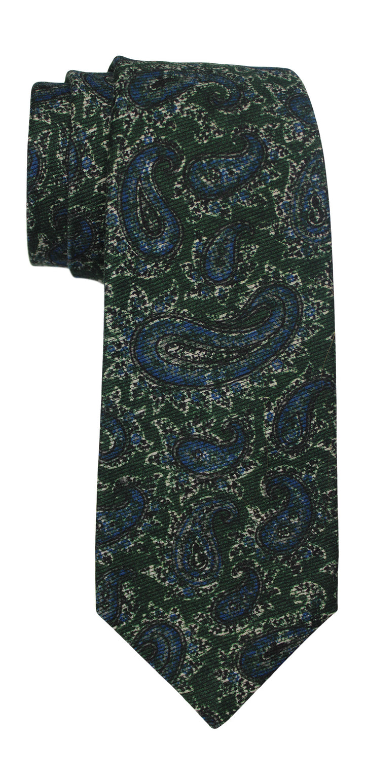 Kiton Green Paisley Printed Wool/Silk Blend 7 Fold Tie