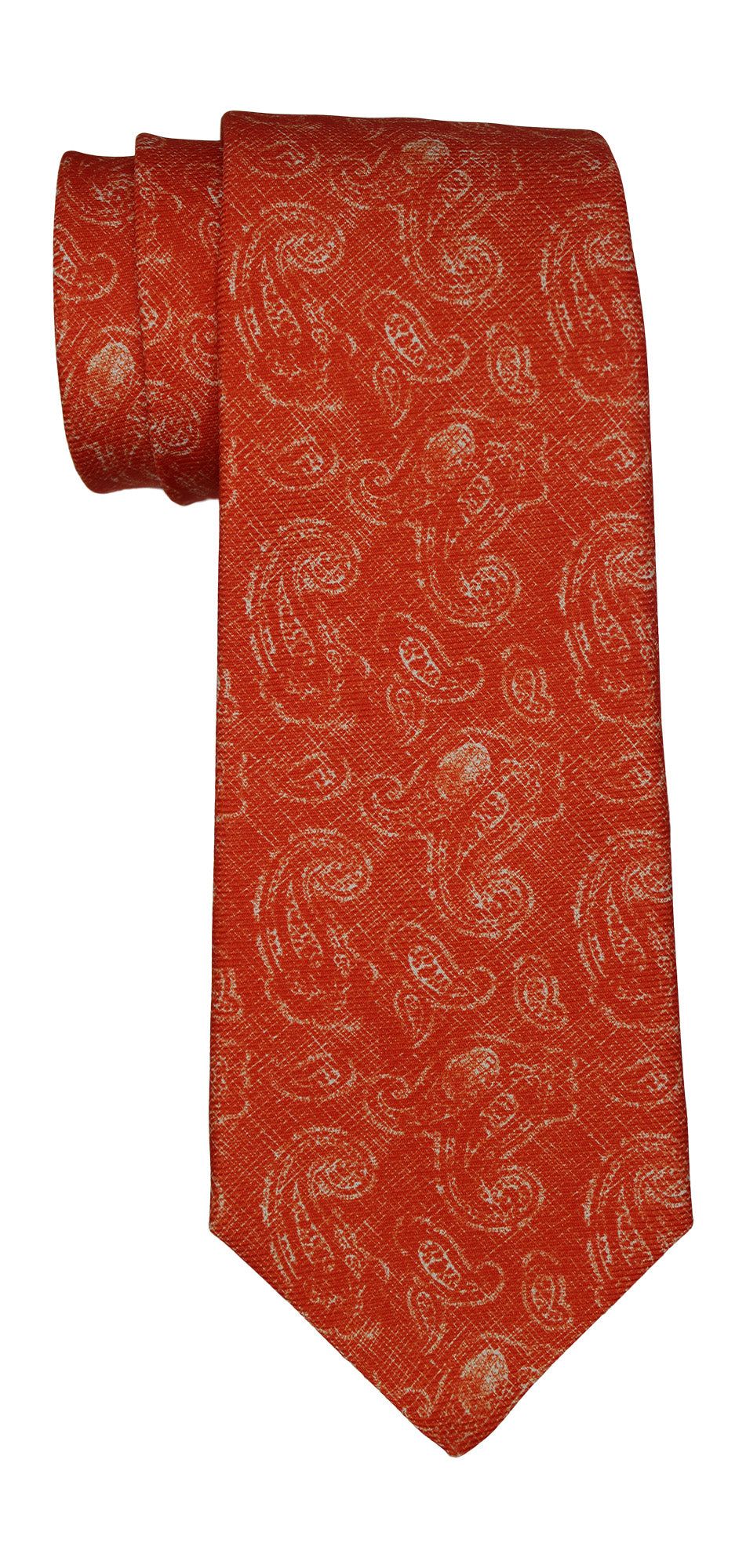 Kiton Orange Complex Paisley Printed 7 Fold Tie