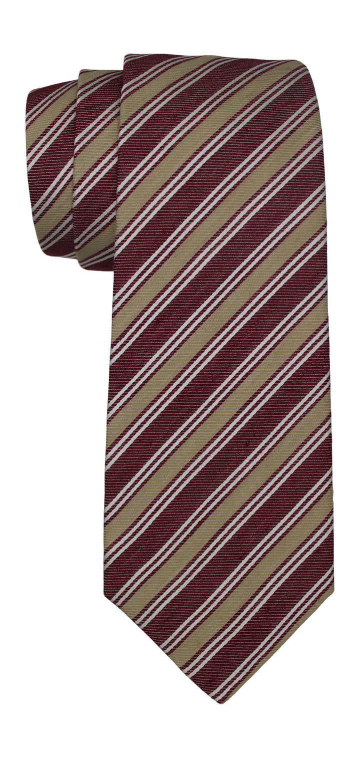 Kiton Burgundy Tan Striped Silk/linen/cotton Blend 7 Fold Tie