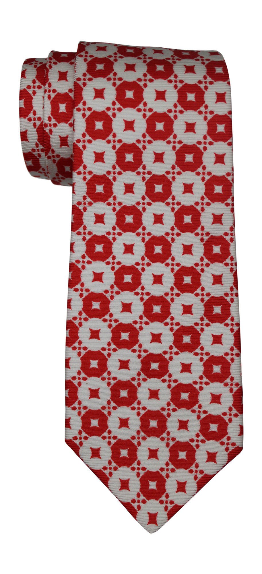 Kiton Red White Geometric Printed 7 Fold Tie