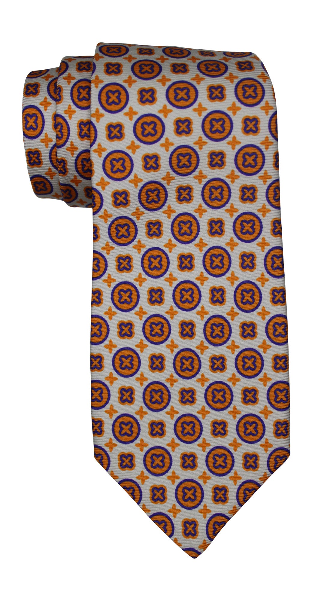 Kiton White Orange Medallion Printed 7 Fold Tie